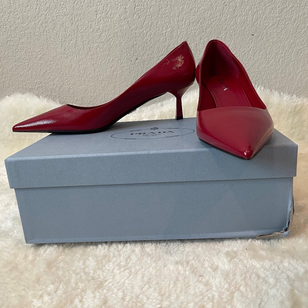 Prada Vernice Saffiano Pointe pump in Cherry red, Size 11.5B US 41.5B EU